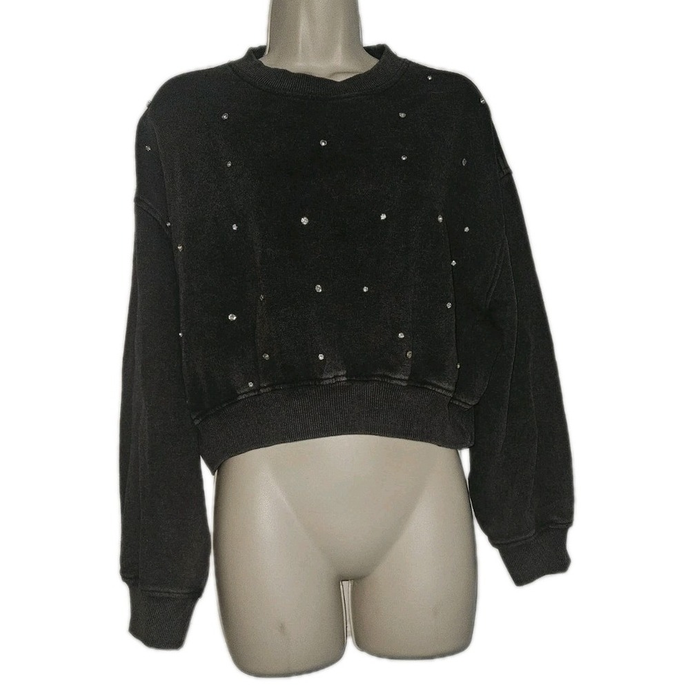 Lazy Sunday Gray‎ Cropped Crewneck Sweatshirt Rhinestone Embellished Size M Y2K